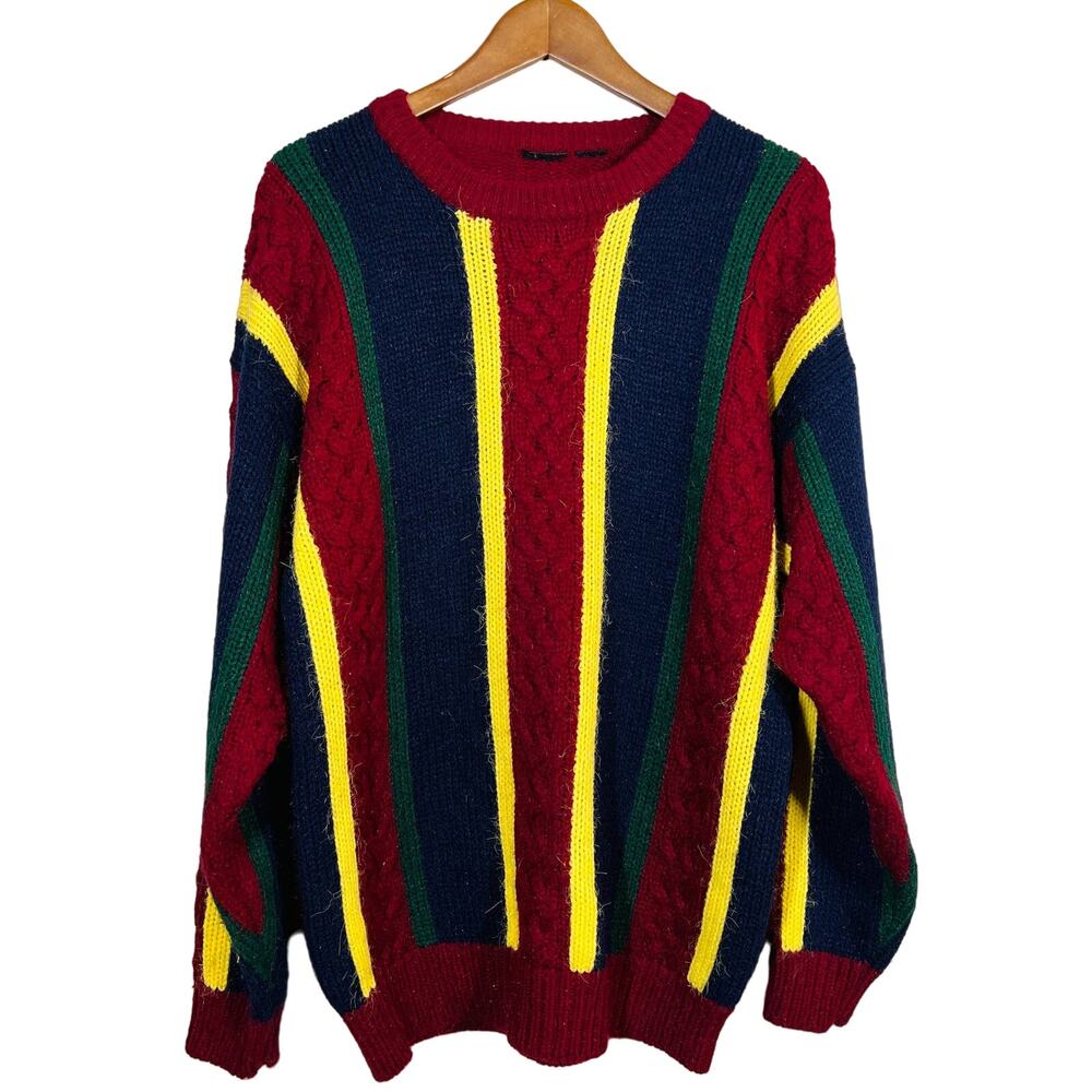 Vintage 90s Cable Knit Crewneck Sweater Long Sleeve Color Block - L